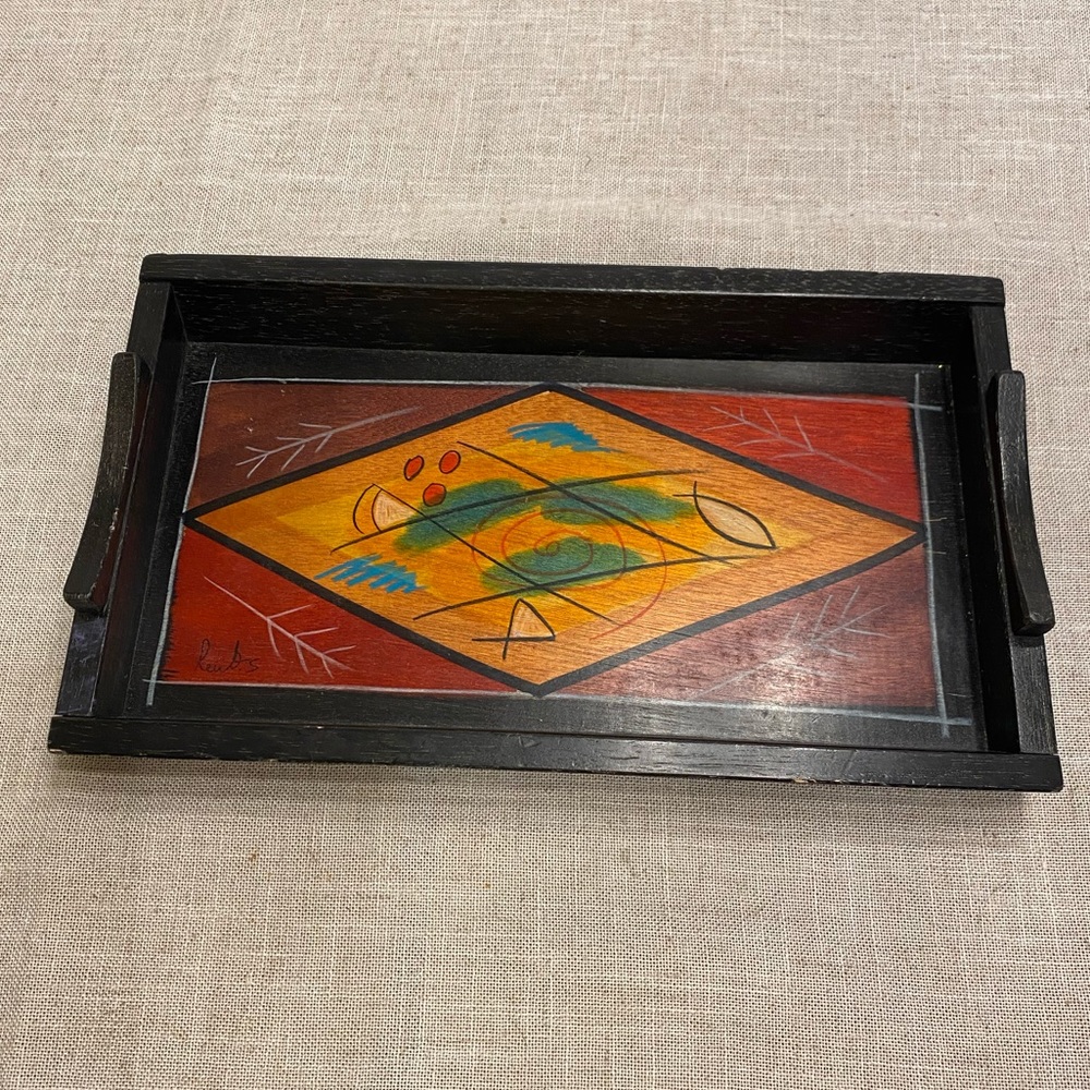 Vintage Kakadu hand painted wooden tray with handles.